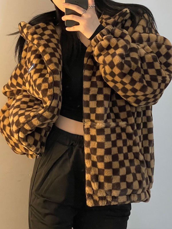 EMMIOL Oversized Checkered Fleece Coat