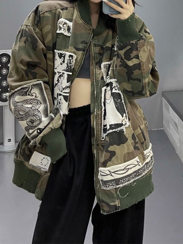 EMMIOL Oversized Patched Camo Varsity Jacket