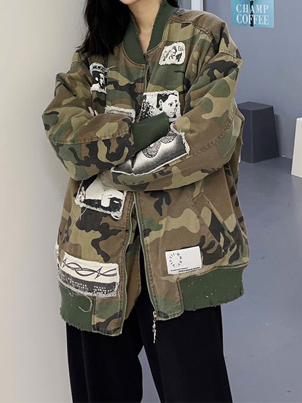 EMMIOL Oversized Patched Camo Varsity Jacket