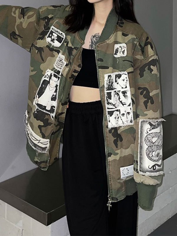 EMMIOL Oversized Patched Camo Varsity Jacket