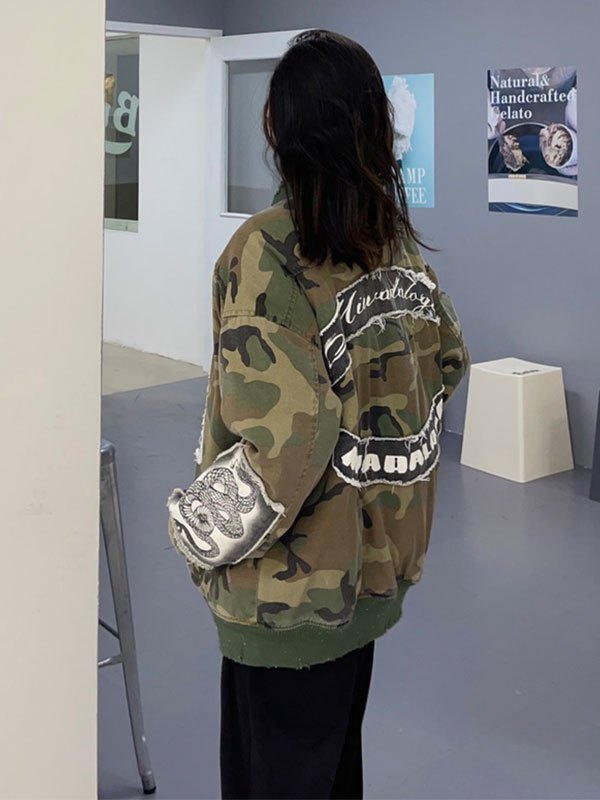 EMMIOL Oversized Patched Camo Varsity Jacket
