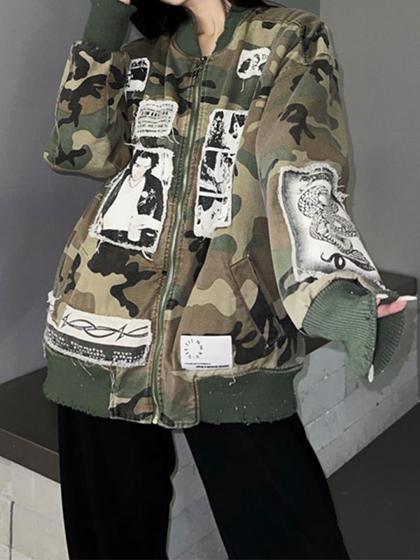 EMMIOL Oversized Patched Camo Varsity Jacket