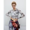 EMMIOL Newspaper Print Mesh Crop Top