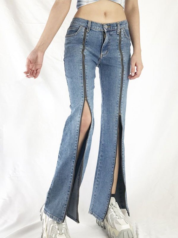 EMMIOL Flare-Jeans mit Reißverschluss-Design
