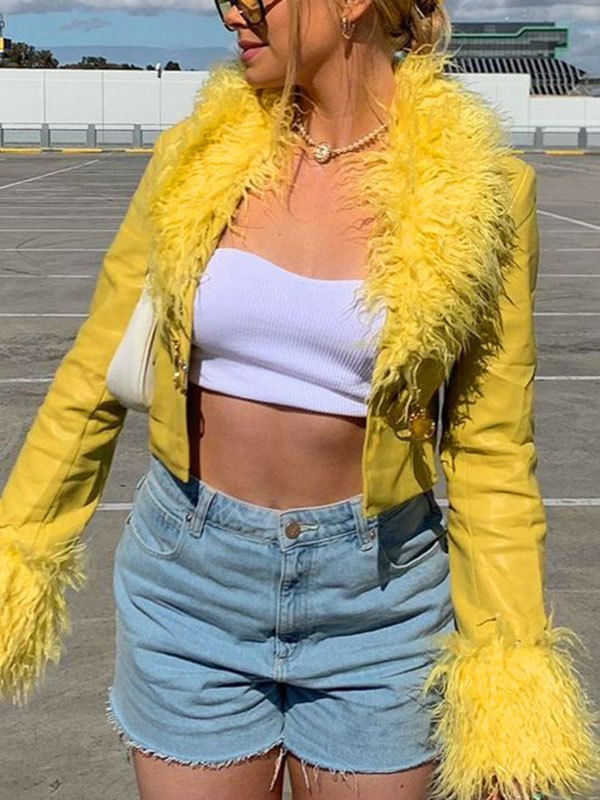 EMMIOL Faux Fur Trim Pu Leather Jacket