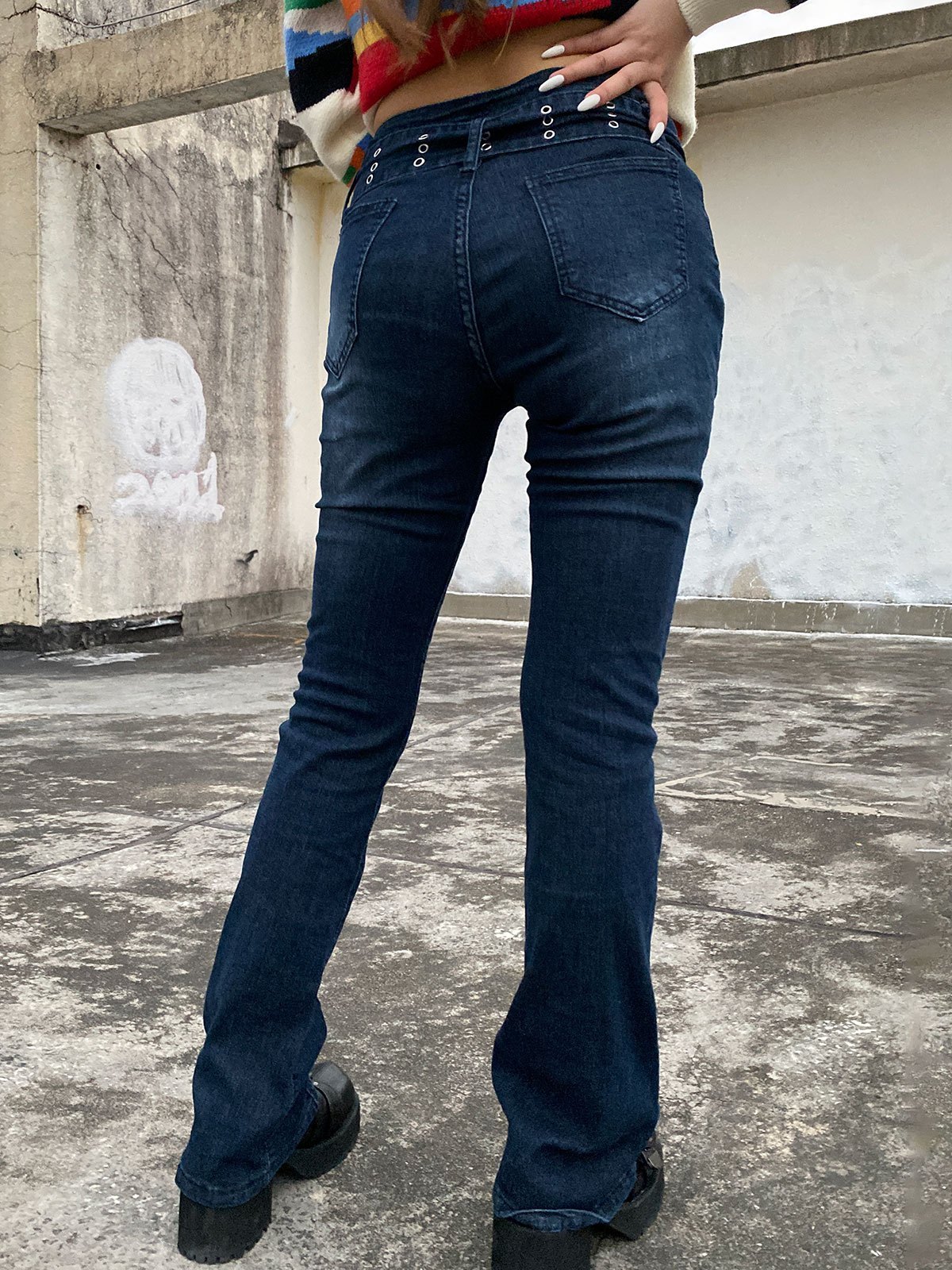 EMMIOL Jeans acampanados lavados con cinturón con hebilla