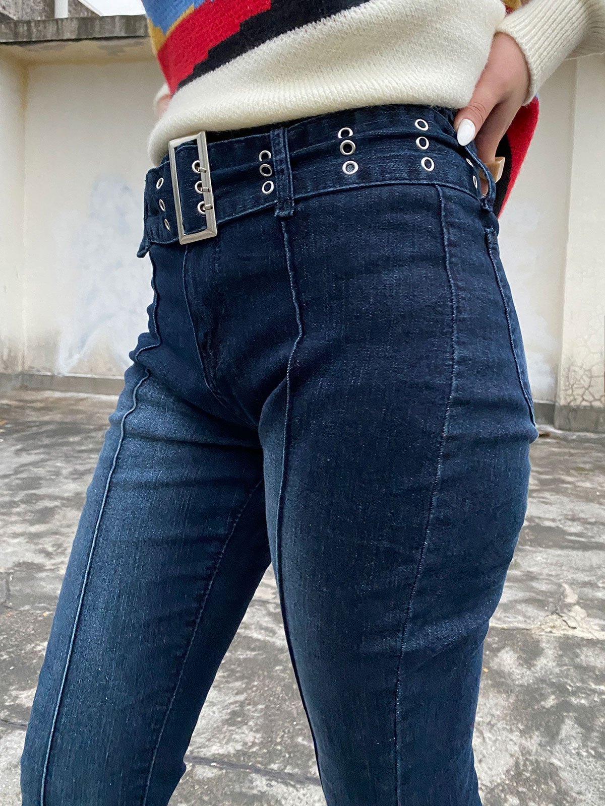 EMMIOL Jeans acampanados lavados con cinturón con hebilla