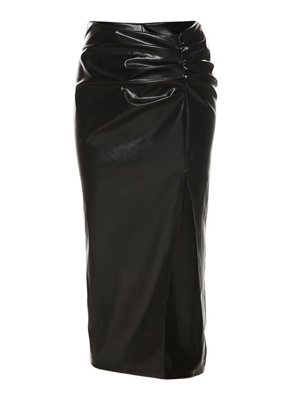EMMIOL Midirock aus Pu-Leder mit Schlitz mit niedriger Taille