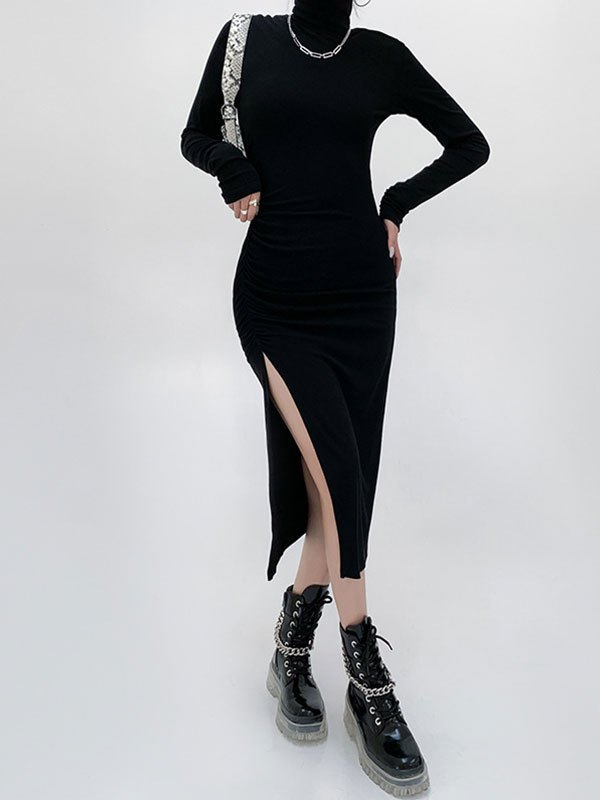 EMMIOL Vestido largo con abertura y manga larga con cuello alto