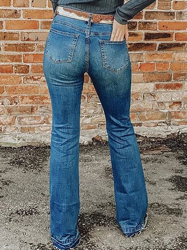 High-Waisted Washed Flare Jeans Trendy Casual Pants