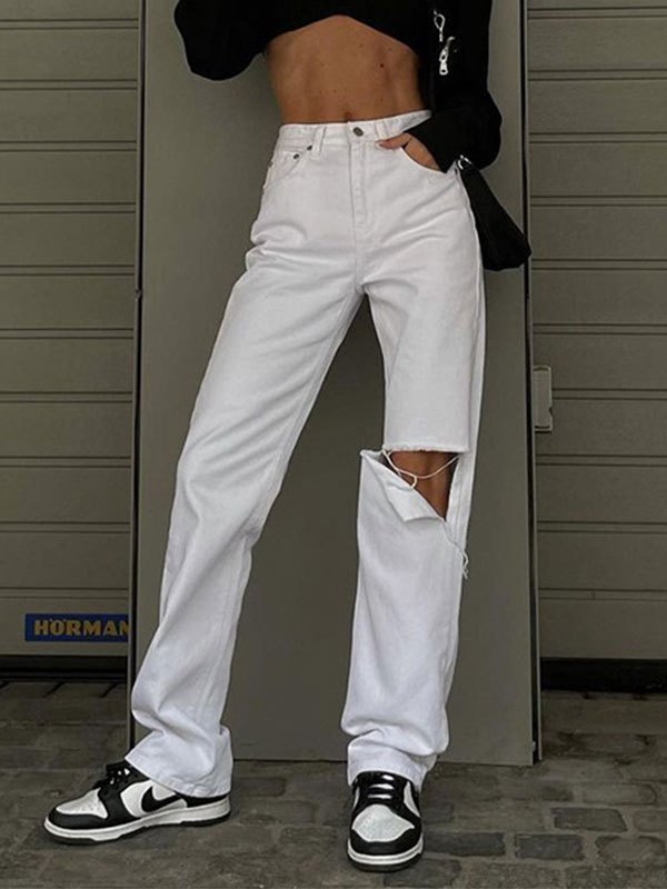 Emmiol Spedizione gratuita 2025 Jeans strappati lavati bianchi