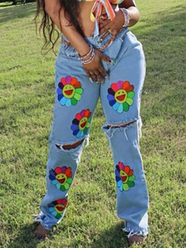 Emmiol Free shipping 2023 Embroidery Sunflower Ripped Jeans Blue S in