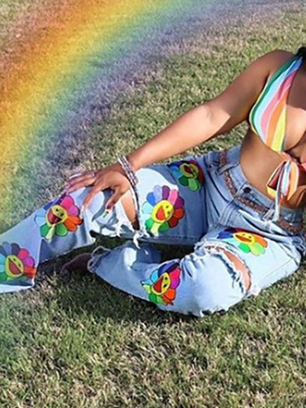 Emmiol Free shipping 2023 Embroidery Sunflower Ripped Jeans Blue S in