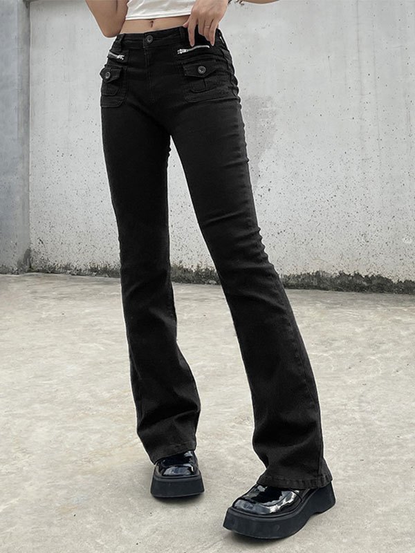 EMMIOL Zipper Detail Washed Flare Jeans