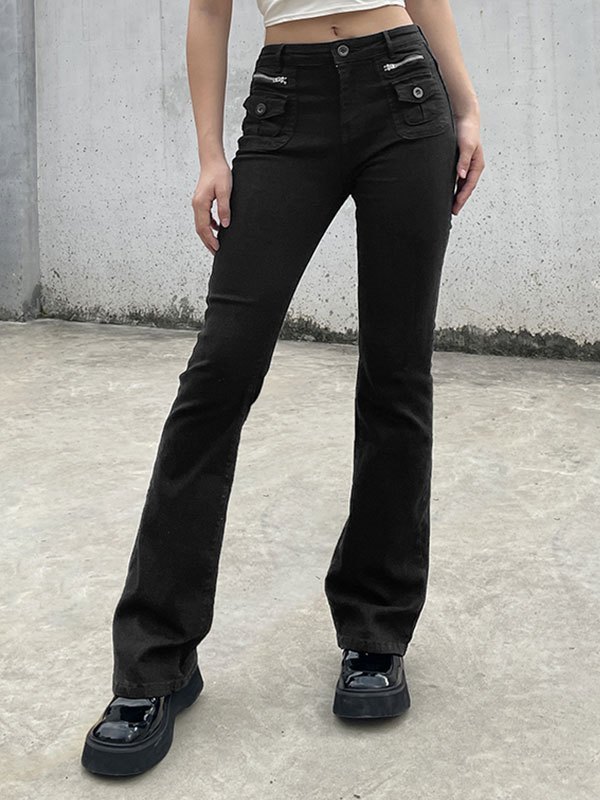 EMMIOL Zipper Detail Washed Flare Jeans