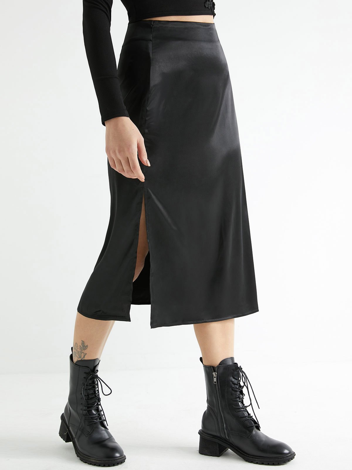 EMMIOL Basic Satin Split Midi Skirt