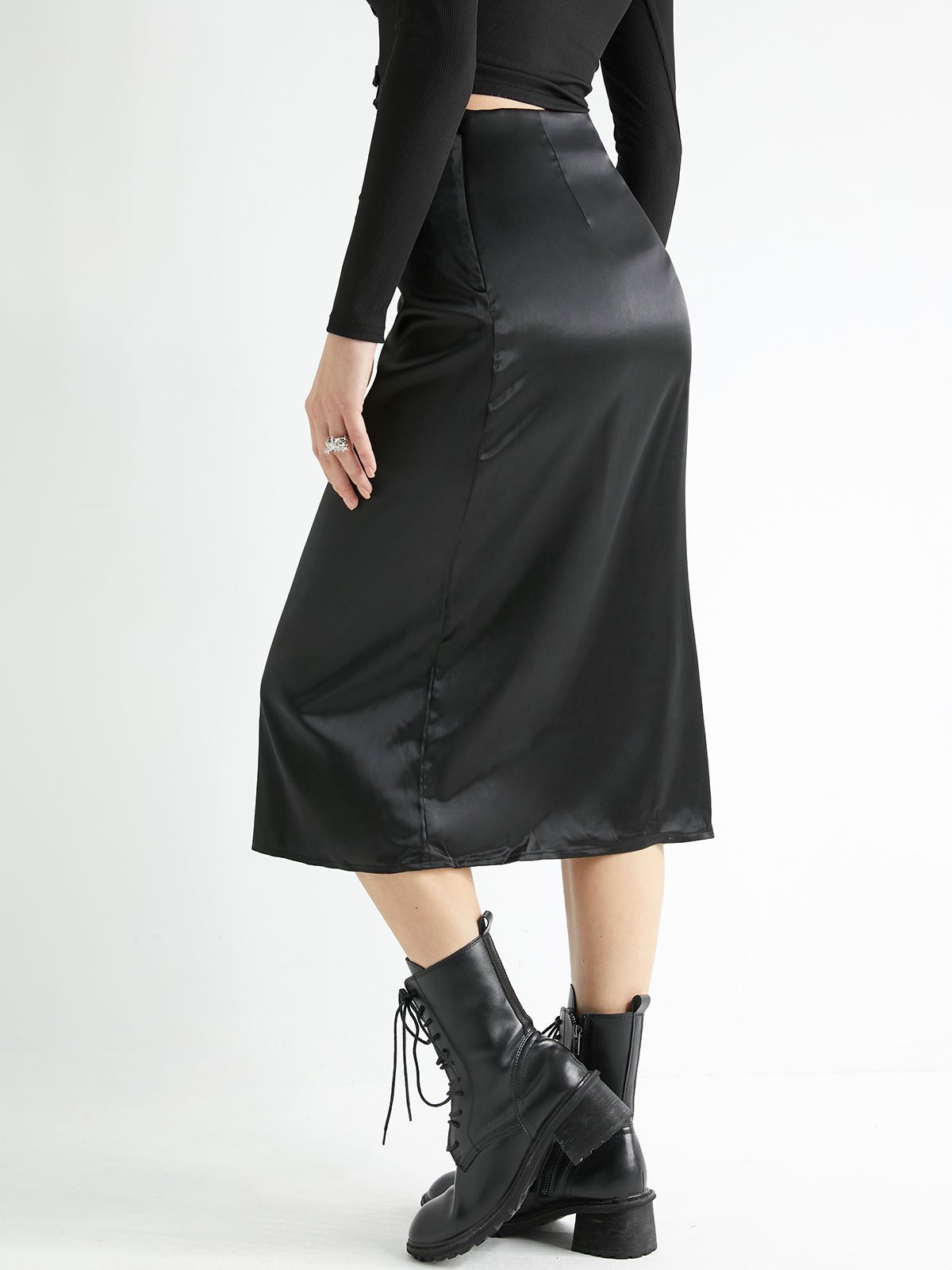 EMMIOL Basic Satin Split Midi Skirt