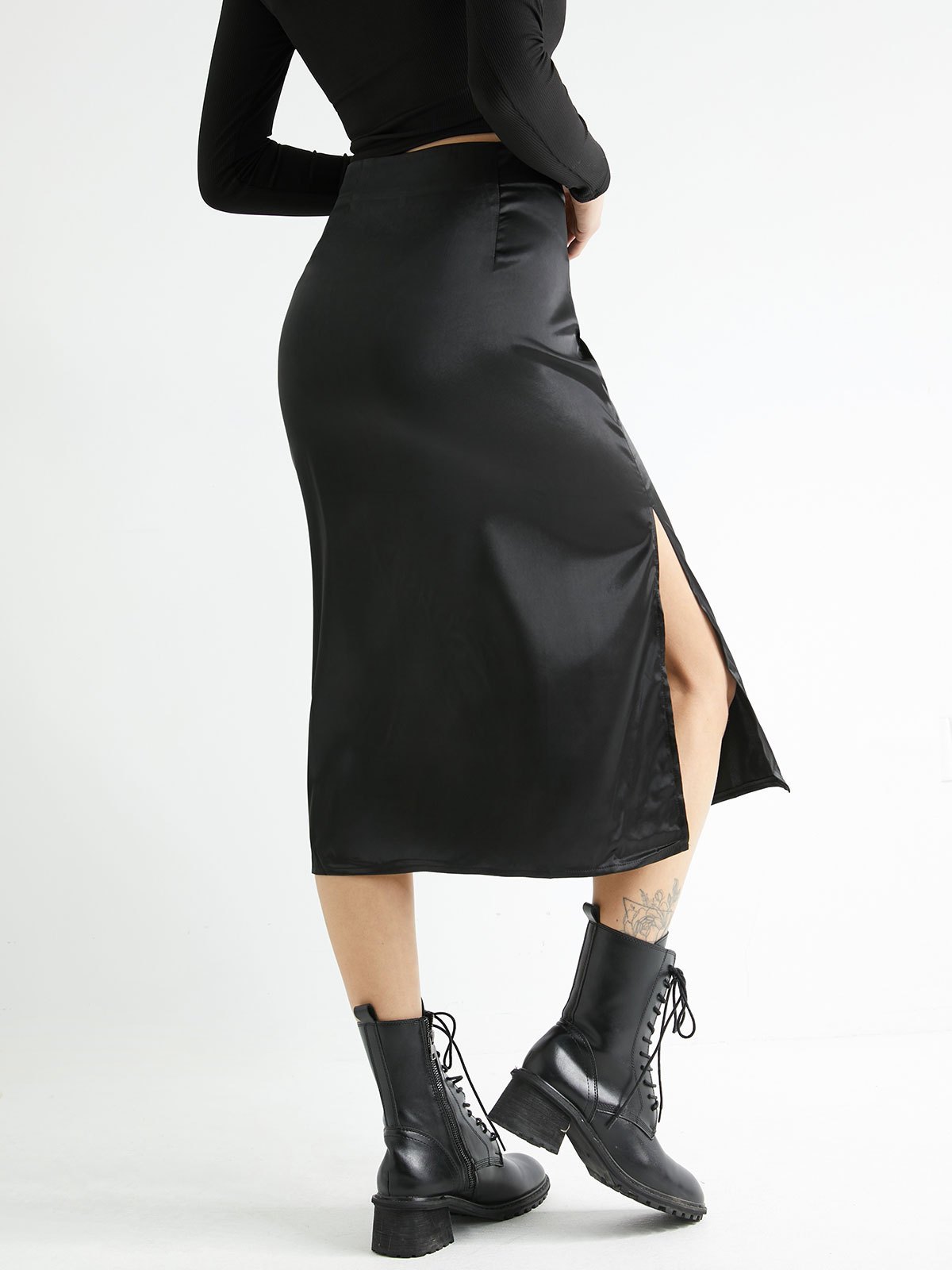 EMMIOL Basic Satin Split Midi Skirt