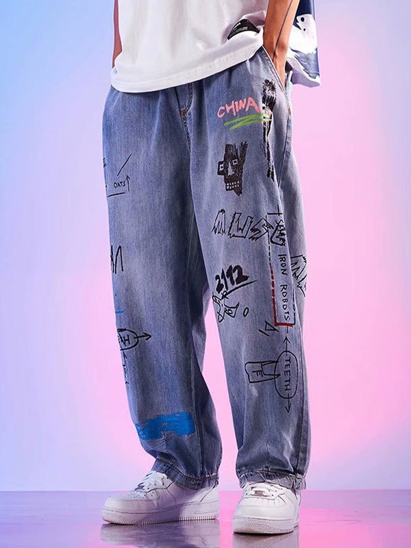 EMMIOL Skate-Jeans mit Graffiti-Print für Herren