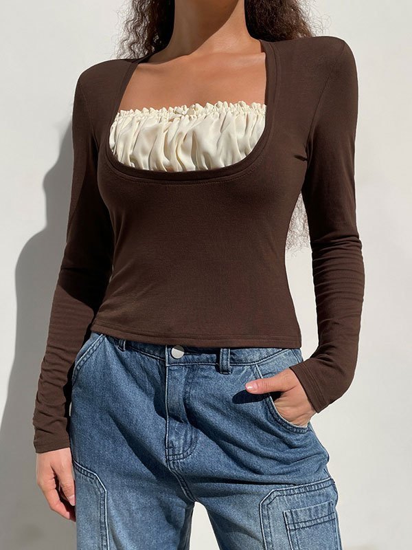 2022 Patchwork Ruched Long Sleeve Crop 
