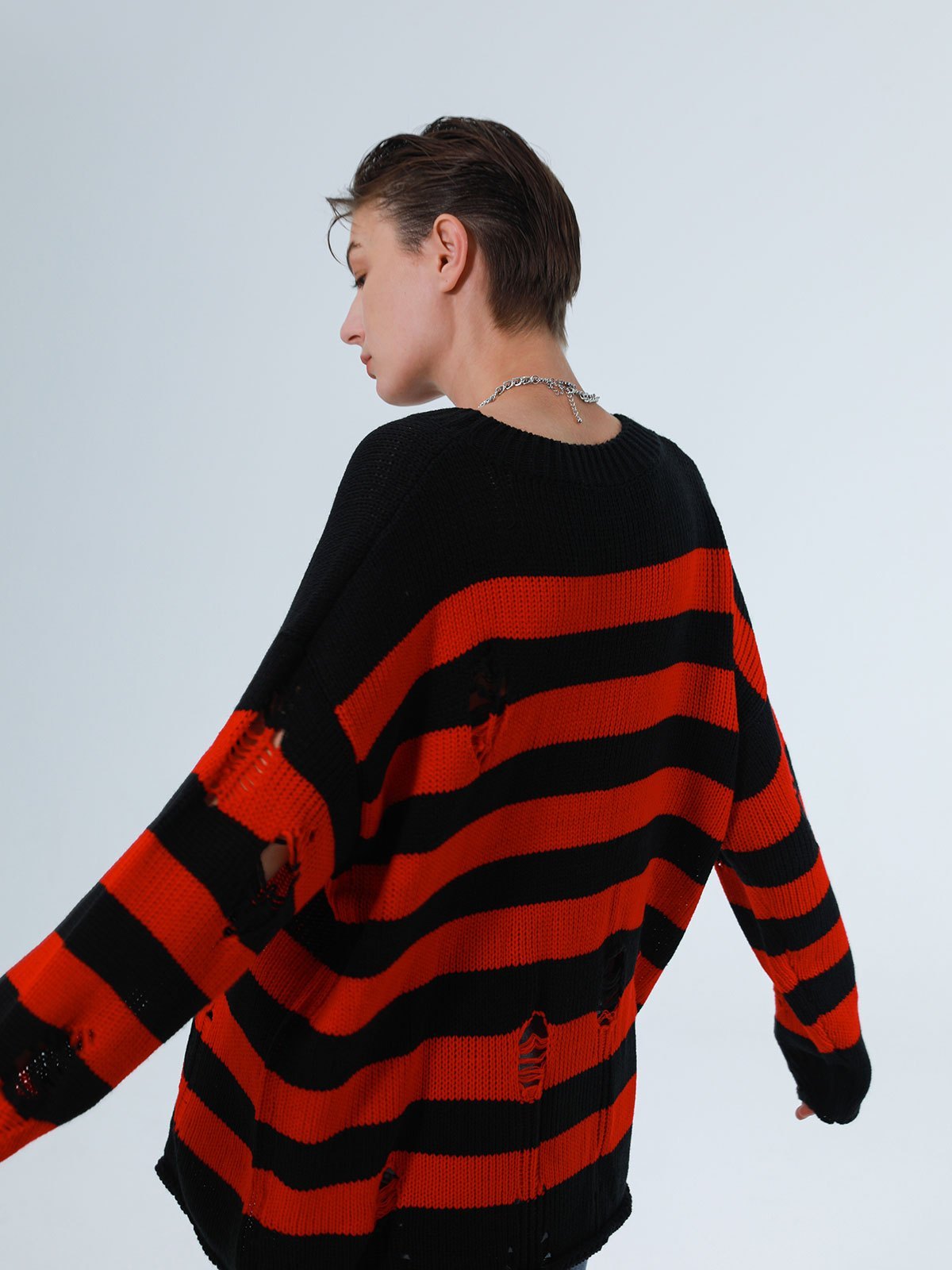 EMMIOL Distressed Striped Sweater