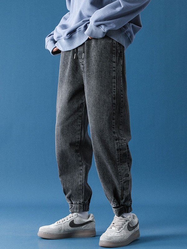 EMMIOL Men's Washed Button Cropped Jogger Jeans