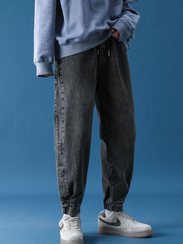EMMIOL Men's Washed Button Cropped Jogger Jeans