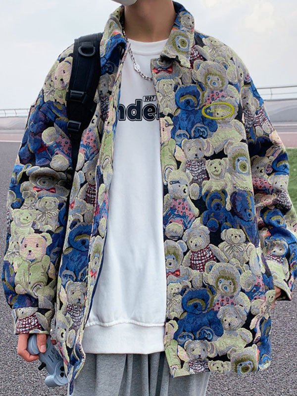 EMMIOL Men's Bear Print Button Down Jacket