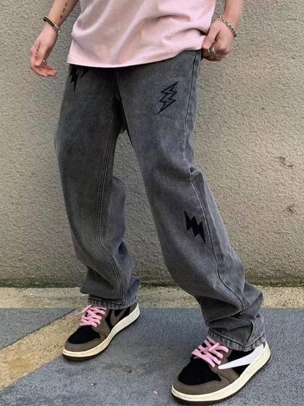 2022 Jeans da uomo a gamba dritta con ricamo a fulmini Grigio scuro XL In  Jeans Online Store. Best For Sale | Emmiol.com
