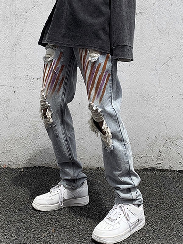 EMMIOL Men's Splash Print Ripped Jeans