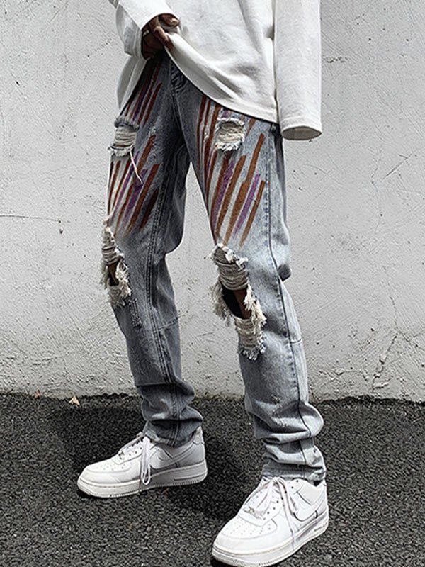 EMMIOL Men's Splash Print Ripped Jeans