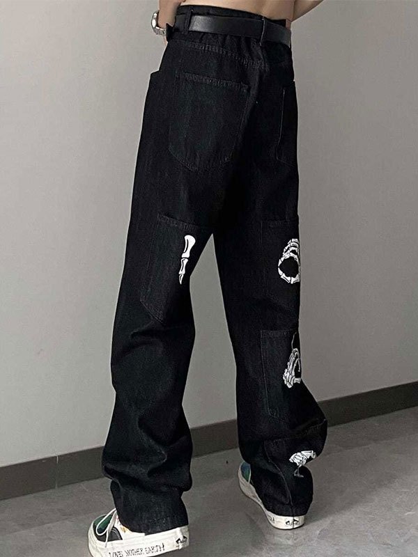 EMMIOL Vaqueros lavados con estampado de calaveras a mano para hombre