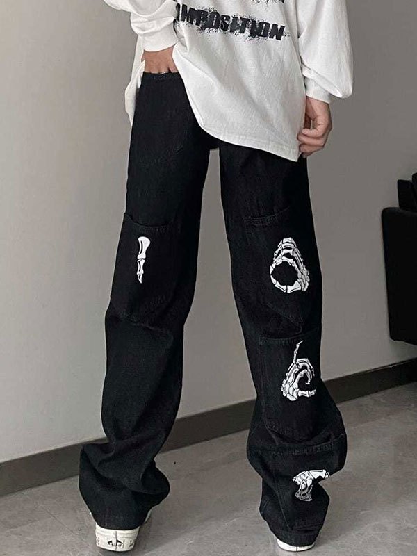 EMMIOL Vaqueros lavados con estampado de calaveras a mano para hombre