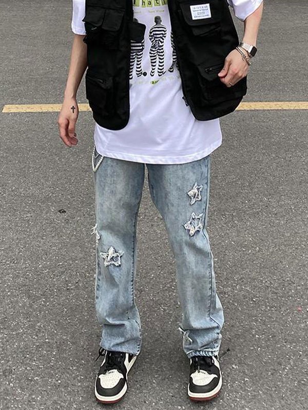 Emmiol Free shipping 2023 Men's Star Patched Straight Leg Jeans Blue M