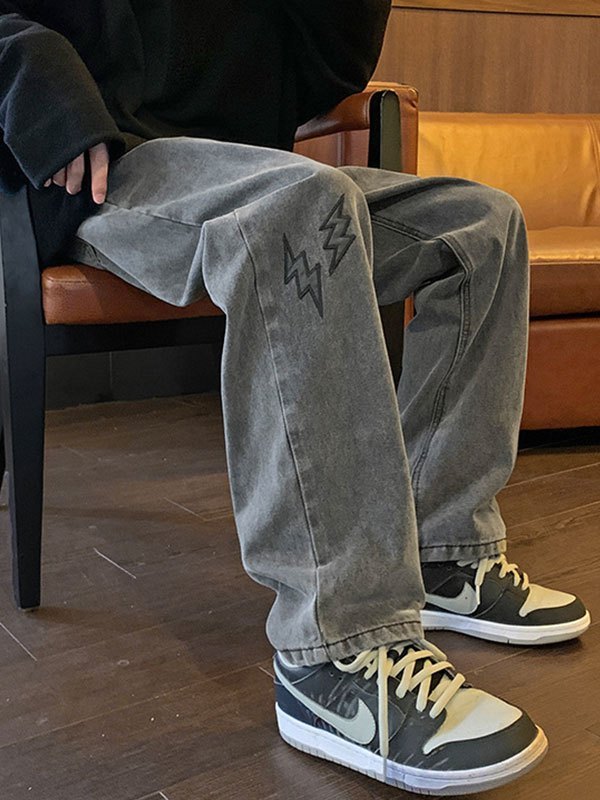 2022 Jeans dritti da uomo ricamati con fulmini Grigio scuro M In Jeans  Online Store. Best For Sale | Emmiol.com