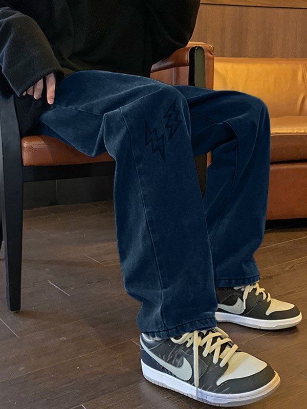 Emmiol Free shipping 2023 Men's Lightning Embroidered Straight Jeans