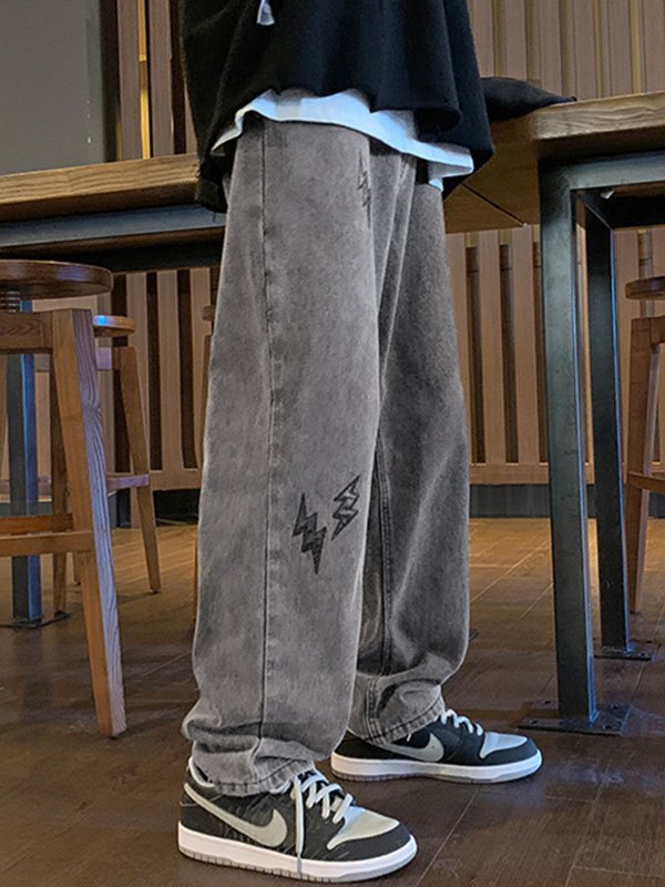 EMMIOL Men's Lightning Embroidered Straight Jeans