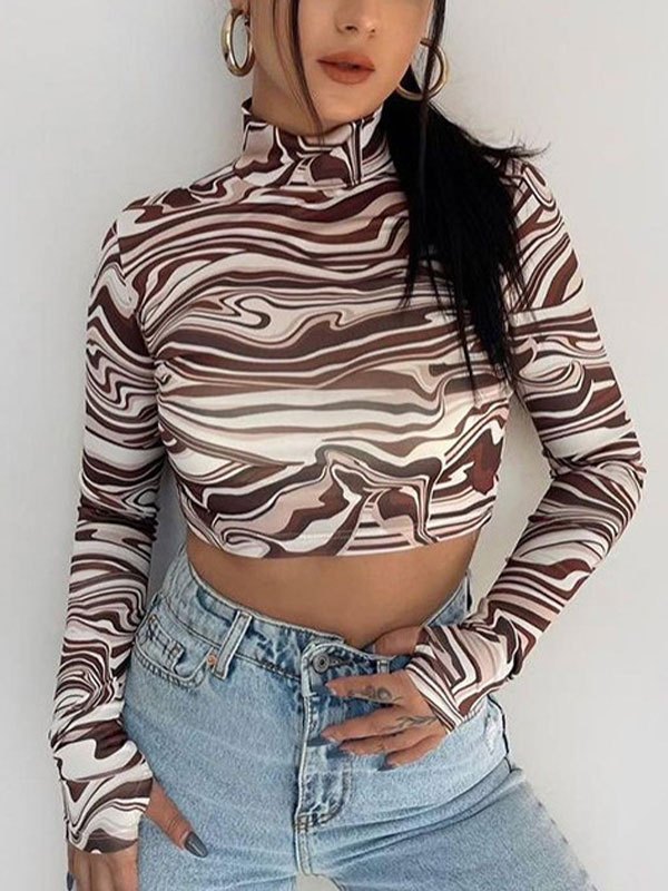 EMMIOL Marble Print Long Sleeve Crop Top