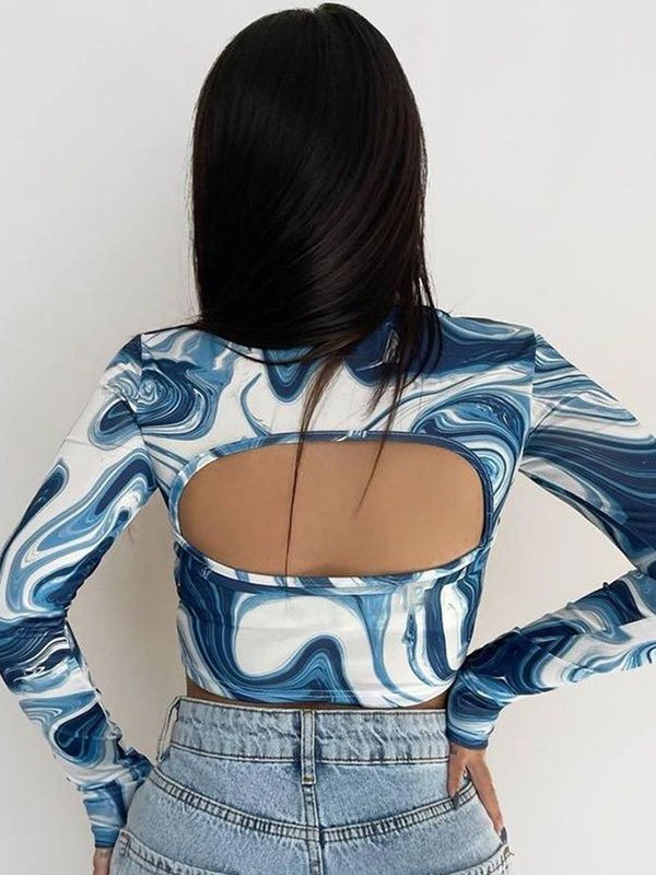 EMMIOL Marble Print Long Sleeve Crop Top