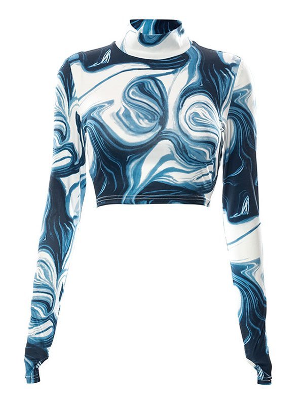 EMMIOL Marble Print Long Sleeve Crop Top