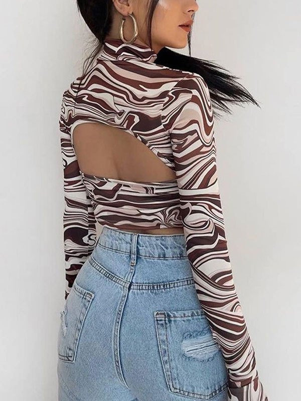 EMMIOL Marble Print Long Sleeve Crop Top