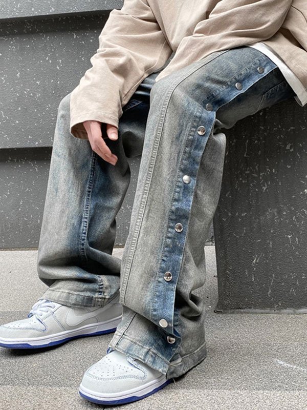 EMMIOL Herren Bleaching Jeans mit geradem Bein und Knöpfen