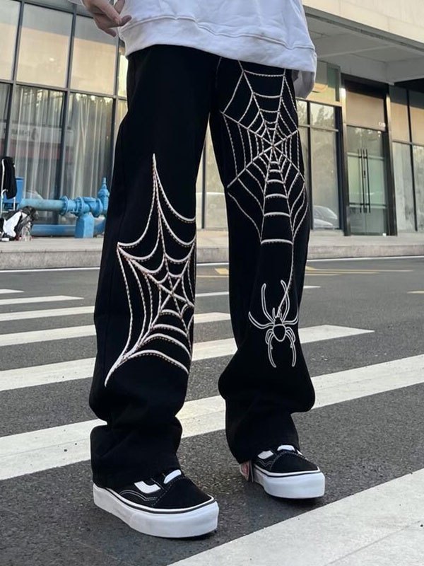 EMMIOL Men's Spider Embroidered Slim Straight Jeans