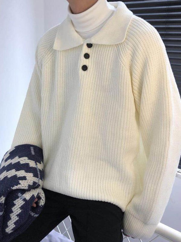 Emmiol Free shipping 2023 Men's Polo Neck Crochet Knit Sweater White M