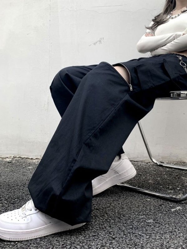 Emmiol Free shipping 2023 Chain Embellished Zipper Cargo Pants Black M