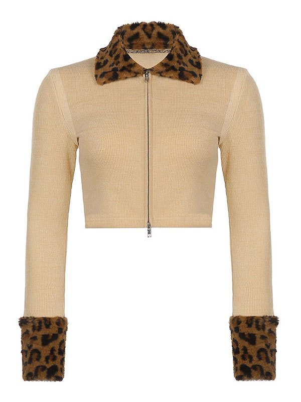 EMMIOL Kurze Strickjacke mit Faux-Leopard-Kragen