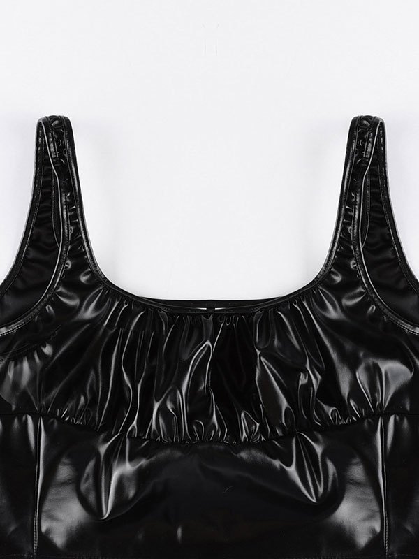 EMMIOL Top corto sin mangas de cuero de pu fruncido