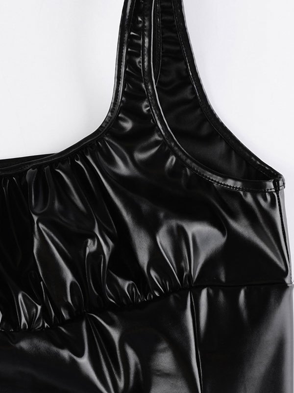 EMMIOL Top corto sin mangas de cuero de pu fruncido