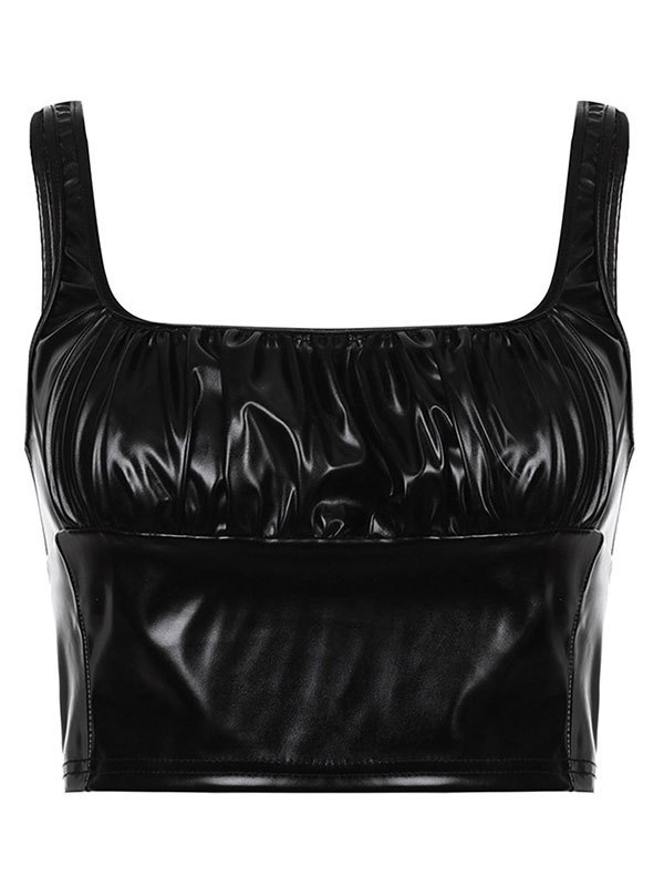 EMMIOL Top corto sin mangas de cuero de pu fruncido