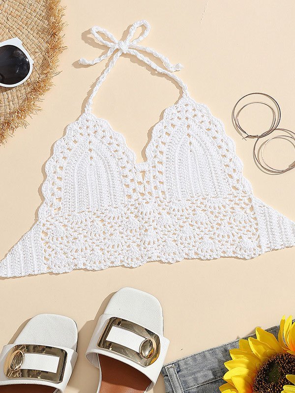 2023 Halter Crochet Knit Crop Cami Top White S In Tank Tops & Camis